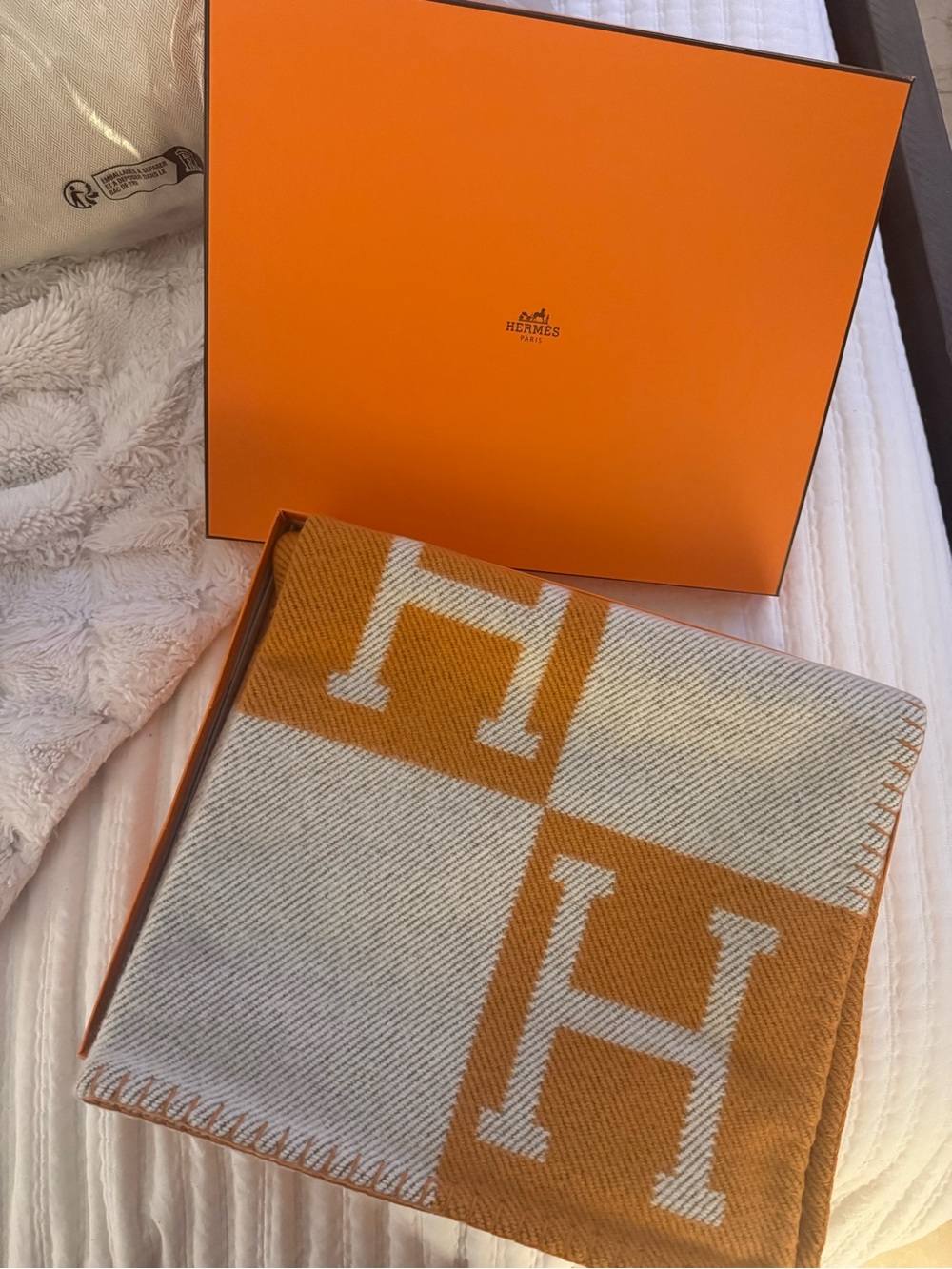 Hermes Orange and Cream H Pattern Throw Blanket